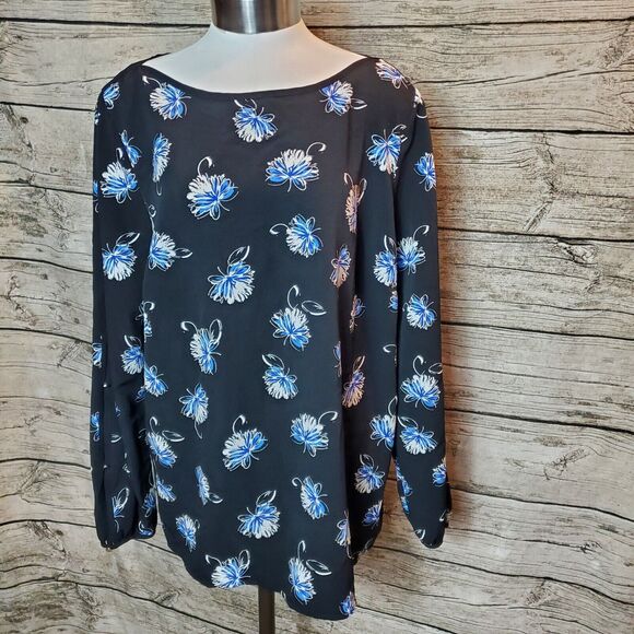 Liz Claiborne Tops - Liz Claiborne Career Woman Top  Black with Blue Flowers  Size Large